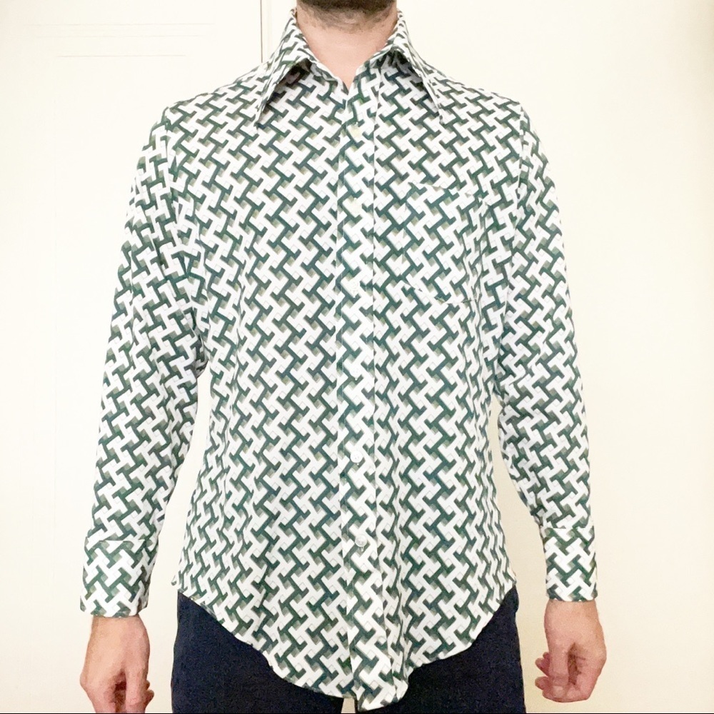 Vintage 70s His Majesty Print Button Shirt Green White Men’s Size Medium